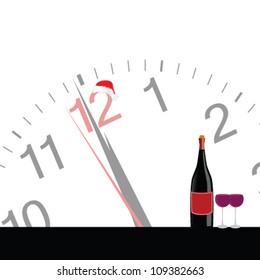 clock and bottle wine for new year vector illustration
