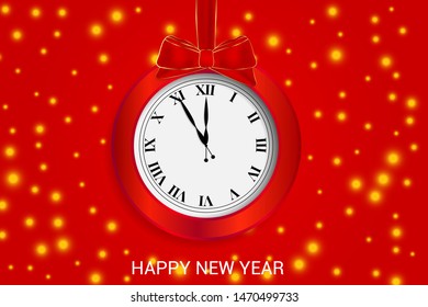 Clock with bow, bokeh background. Happy new year text.
