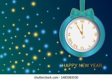 Clock with bow, bokeh background. Happy new year text.
