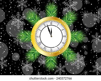 clock with the branches of christmas tree,vector illustration