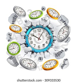 Clock breaking through the concrete wall background. Vector illustration.
