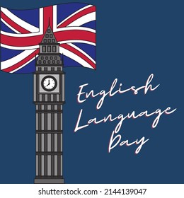 clock building graphic vector illustration, British flag. top view, perfect for education and commemorating English language day