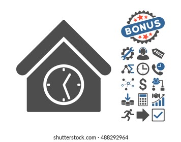Clock Building icon with bonus images. Vector illustration style is flat iconic bicolor symbols, cobalt and gray colors, white background.