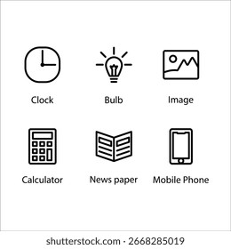 Reloj, bombilla, Imagen, calculadora, papel de Noticias, teléfono móvil, icono, línea icono conjunto