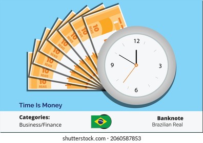 Clock with bundle of 10 Brazilian Real banknotes.
