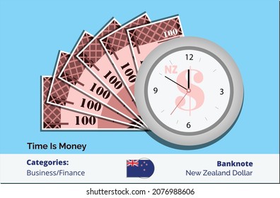 Clock with bundle of 100 New Zealand Dollar banknote. New Zealand business, payment and finance element. Can be used for web, mobile, infographic and print.