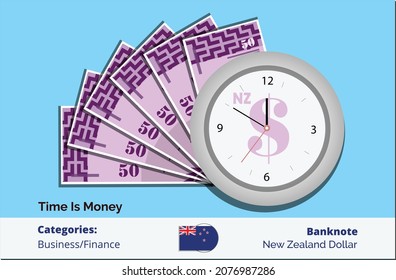 Clock with bundle of 50 New Zealand Dollar banknote. New Zealand business, payment and finance element. Can be used for web, mobile, infographic and print.
