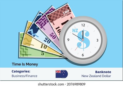 Clock with bundle of  New Zealand Dollar all banknote. New Zealand business, payment and finance element. Can be used for web, mobile, infographic and print.