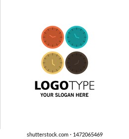 Clock, Business, Clocks, Office Clocks, Time Zone, Wall Clocks, World Time Business Logo Template. Flat Color