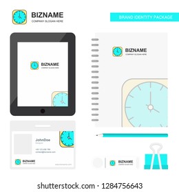 Clock Business Logo, Tab App, Diary PVC Employee Card and USB Brand Stationary Package Design Vector Template