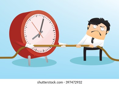 Clock and businessman fighting tug of war war for get time
