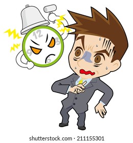 A clock , and businessman who looks pale