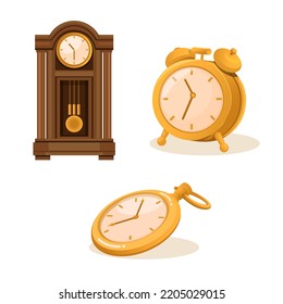 Clock, cabinet clock and pocket watch object set illustration vector