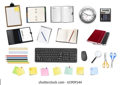 A clock, calculator, notebooks and some office supplies. Vector.