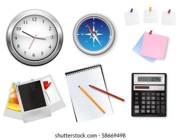 Un reloj, una calculadora y algunos artículos de oficina. Vector.