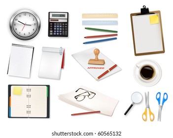 Eine Uhr, ein Taschenrechner und ein paar Büroartikel. Vektorgrafik.