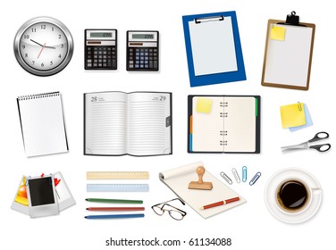 A clock, calculator and some office supplies. Vector.