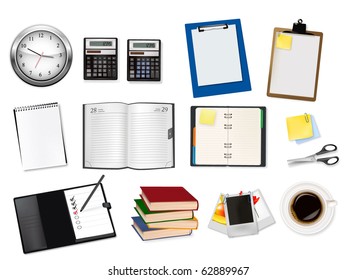 A clock, calculators, notebooks and some office supplies. Vector.