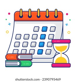 Reloj con calendario y libros, icono del horario de estudio

