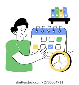Relógio com calendário e livros, ilustração do calendário de estudo