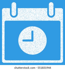 Clock Calendar Day grainy textured icon for overlay watermark stamps. Flat symbol with scratched texture. Dotted vector white ink rubber seal stamp with grunge design on a blue background.