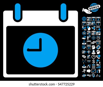 Clock Calendar Day icon with bonus calendar and time management pictures. Vector illustration style is flat iconic symbols, blue and white, black background.