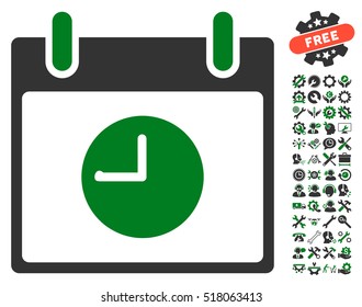 Clock Calendar Day pictograph with bonus configuration clip art. Vector illustration style is flat iconic symbols, green and gray, white background.