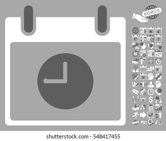 Clock Calendar Day pictograph with bonus calendar and time management pictograms. Vector illustration style is flat iconic symbols, dark gray and white, silver background.