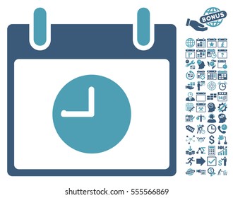 Clock Calendar Day pictograph with bonus calendar and time management symbols. Vector illustration style is flat iconic symbols, cyan and blue, white background.