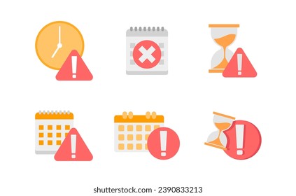 Clock or calendar exclamation alert icon collection set. Reminder schedule with exclamation sign deadline. Expired date symbol concept for date expire or deadline schedule Illustration vector