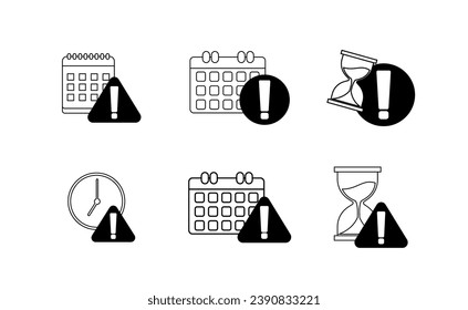 Juego de colección de iconos de alerta de exclamación de reloj o calendario. Calendario de recordatorios con fecha límite de signo de exclamación. Concepto de símbolo de fecha caducada para fecha de expiración o planificación de fecha límite Vector de ilustración
