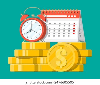 Reloj, calendario y monedas de oro. Ingresos anuales, inversión financiera, ahorros, depósitos bancarios, ingresos futuros, beneficios monetarios. El tiempo es el concepto del dinero. Ilustración vectorial en estilo plano