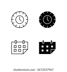 Uhren- und Kalendersymbolsammlung im Linien- und Volltonstil