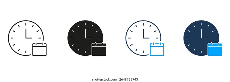 Clock And Calendar Line And Solid Icon Set. Time Management, Scheduling, And Planning Symbol Collection. Efficient Organization And Event Coordination. Isolated Vector Illustration.