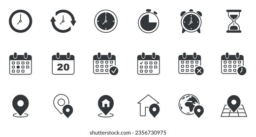 Clock, calendar and locaion icon vector illustration. Icon set on isolated background. Time, date and address sign concept.