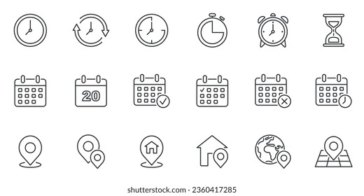 Clock, calendar and locaion icon vector illustration. Icon set on isolated background. Time, date and address sign concept.