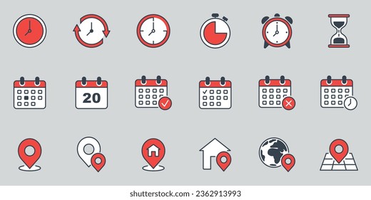 Ilustración vectorial de icono de reloj, calendario y ubicación. Icono establecido en fondo aislado. Concepto de firma de hora, fecha y dirección.