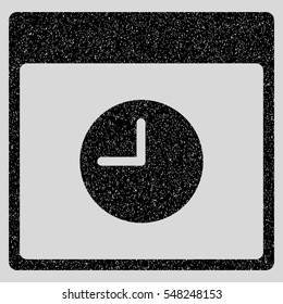 Clock Calendar Page grainy textured icon for overlay watermark stamps. Flat symbol with scratched texture. Dotted vector black ink rubber seal stamp with grunge design on a light gray background.