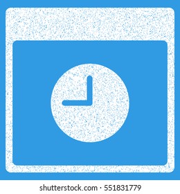Clock Calendar Page grainy textured icon for overlay watermark stamps. Flat symbol with dust texture. Dotted vector white ink rubber seal stamp with grunge design on a blue background.