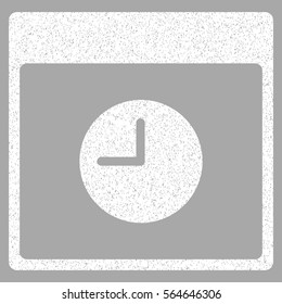 Clock Calendar Page grainy textured icon for overlay watermark stamps. Flat symbol with unclean texture. Dotted vector white ink rubber seal stamp with grunge design on a silver background.
