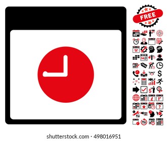 Clock Calendar Page icon with bonus calendar and time management pictures. Vector illustration style is flat iconic symbols, intensive red and black, white background.