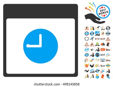 Clock Calendar Page icon with bonus calendar and time management design elements. Vector illustration style is flat iconic symbols, blue and gray colors, white background.
