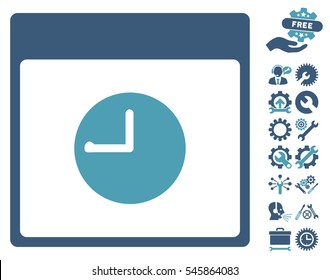 Clock Calendar Page icon with bonus settings clip art. Vector illustration style is flat iconic symbols, cyan and blue, white background.