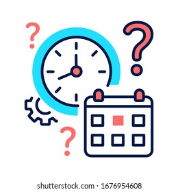 Clock and calendar with a question mark line color icon. Confusion with time and date. Dementia symptom. Memory loss. Sign for web page, mobile app, button, logo. Editable stroke.