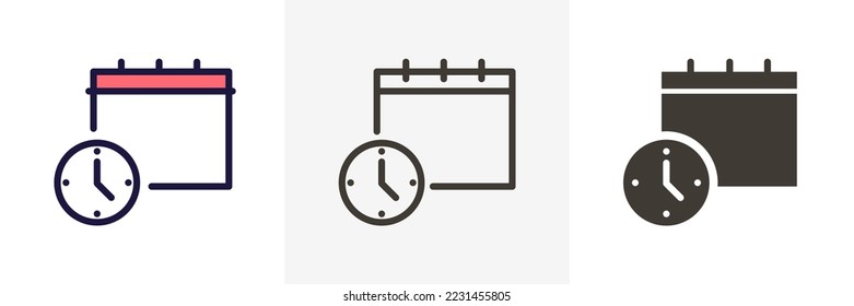 Clock and calendar simple icon. Vector illustration for business, schedule, office, routine, delivery days, deadline etc. 3 Different styles, thin outline, filled outline, flat