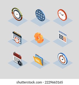 Reloj, calendario, icono o logotipo isométrico de la hora. Ilustración vectorial 3d. Mobiliario vectorial isométrico. Elementos interiores para diseño web, aplicaciones móviles, infografías. para obtener más información. 10