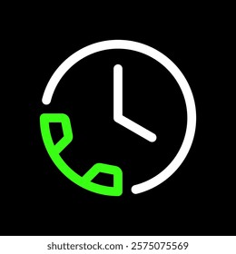 Clock and call button, phone call duration, call waiting vector icon in line style design for website, app, UI, isolated on black background. Editable stroke. EPS 10 vector illustration.