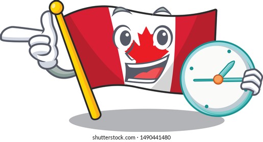 With clock canadian flag fluttering on mascot pole