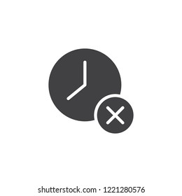 Clock cancel vector icon. filled flat sign for mobile concept and web design. Clock with cross simple solid icon. Time with X mark symbol, logo illustration. Pixel perfect vector graphics