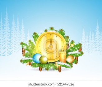 Clock with candles stand on snowy fir tree branches. Christmas horizontal background